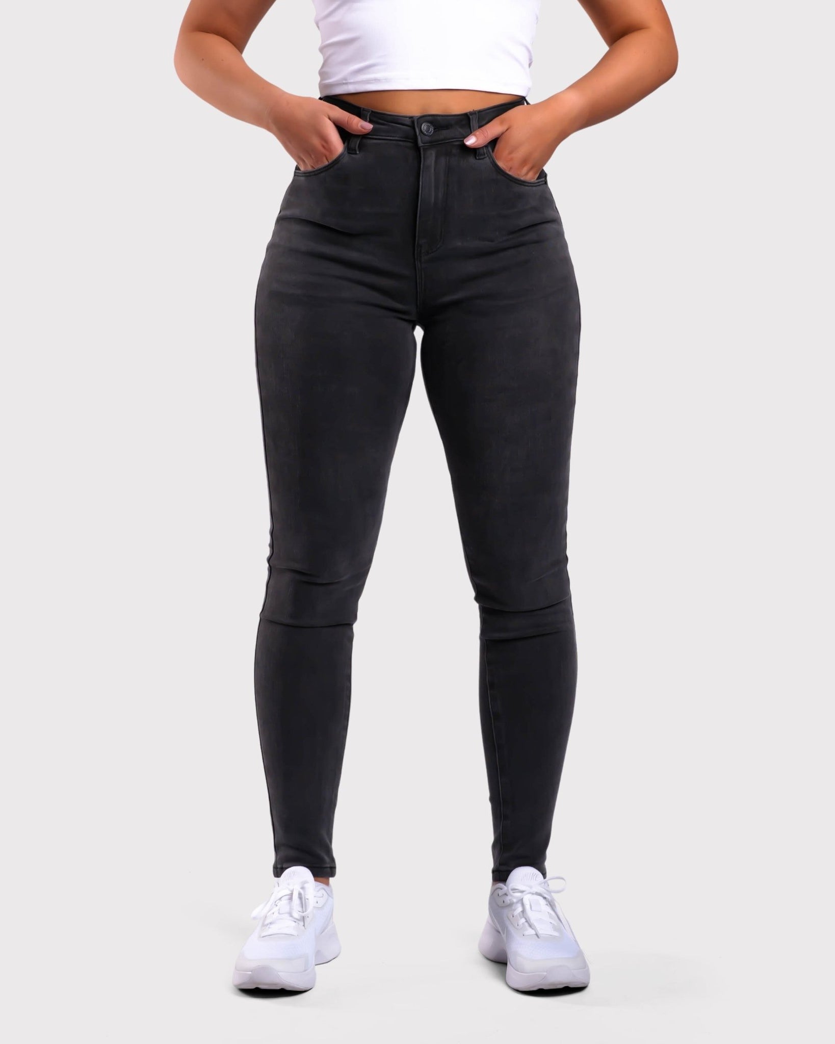 Dark Grey Skinny Jeans - Peach Tights -