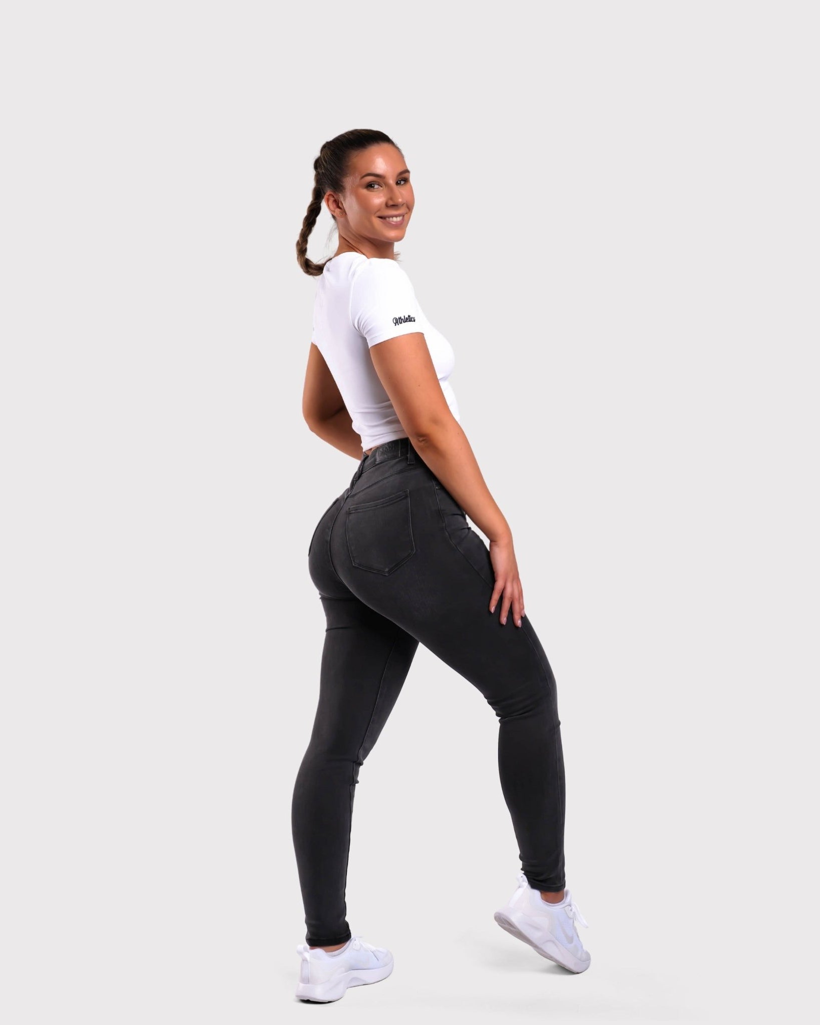 Dark Grey Skinny Jeans - Peach Tights -