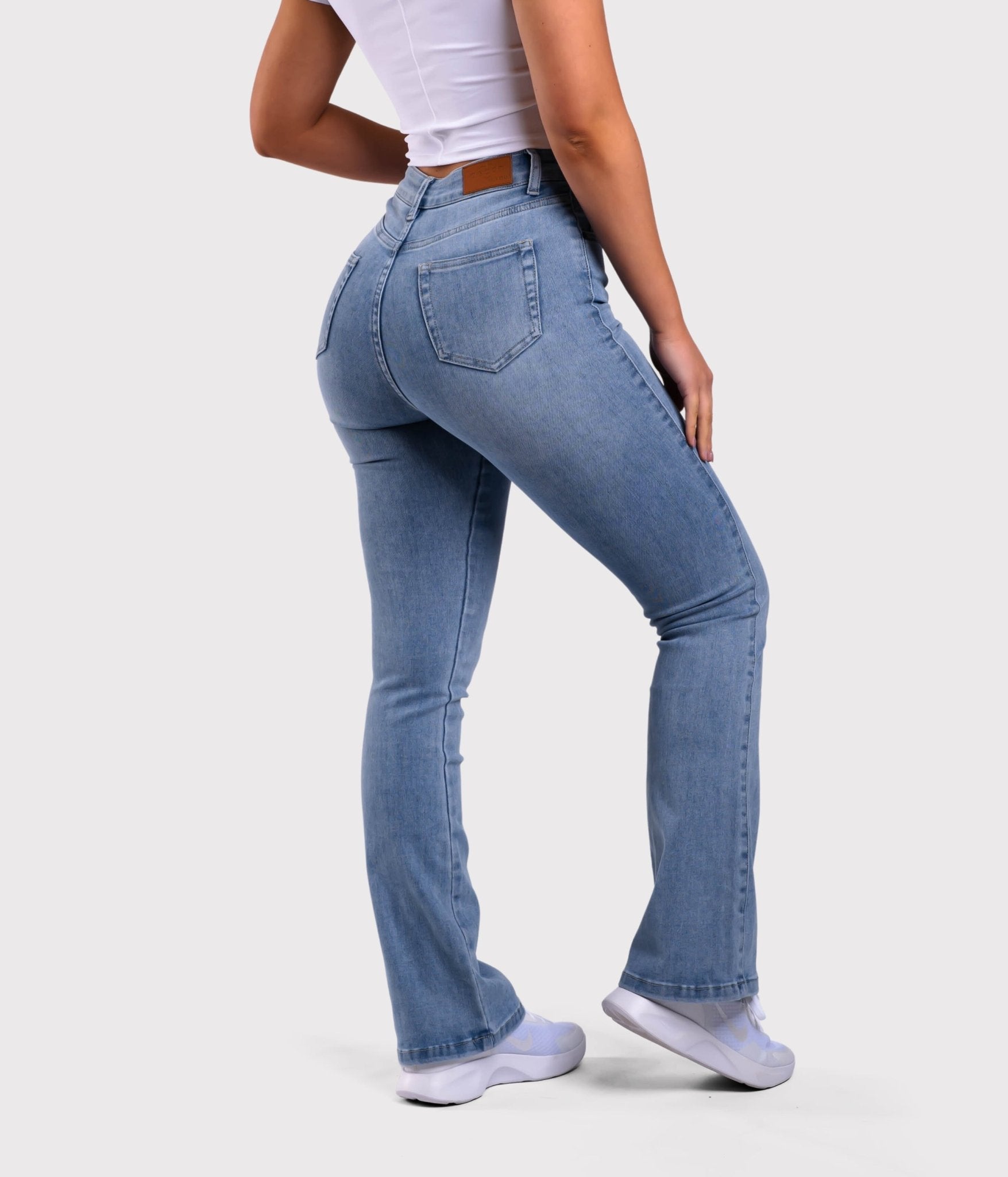 Light Blue Flared Jeans - Peach Tights -