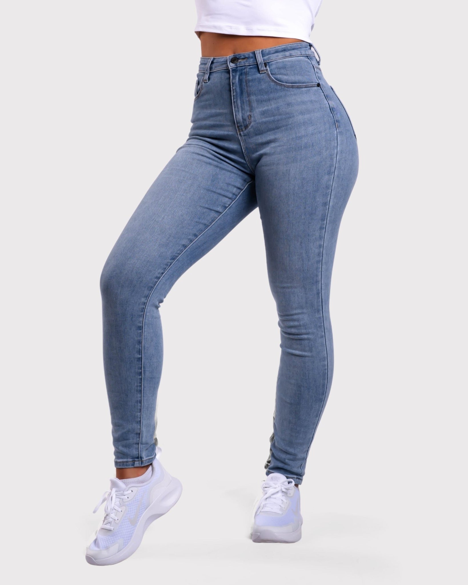 Light Blue Skinny Jeans - Peach Tights -