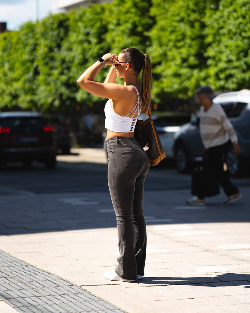 Dark Grey Flared Jeans - Peach Tights - Jeans