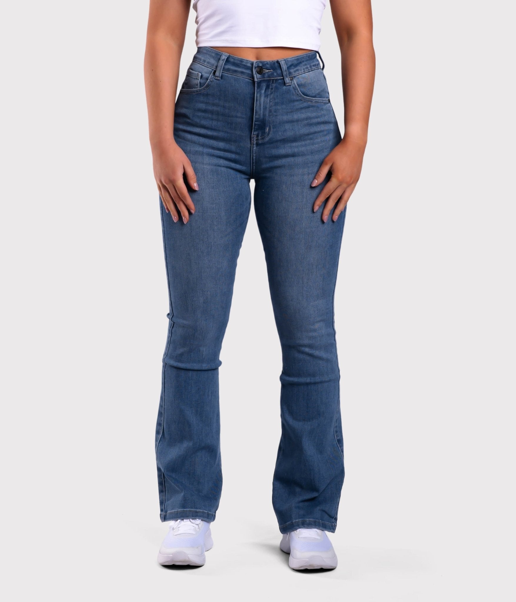 Dark Blue Flared Jeans - Peach Tights -